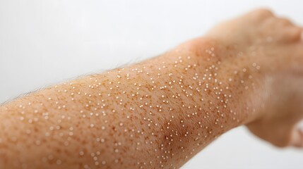 Fototapeta premium High definition photograph of a human arm highlighting raised skin bumps and early allergic dermatitis in a precise clinical closeup captured on a white backdrop