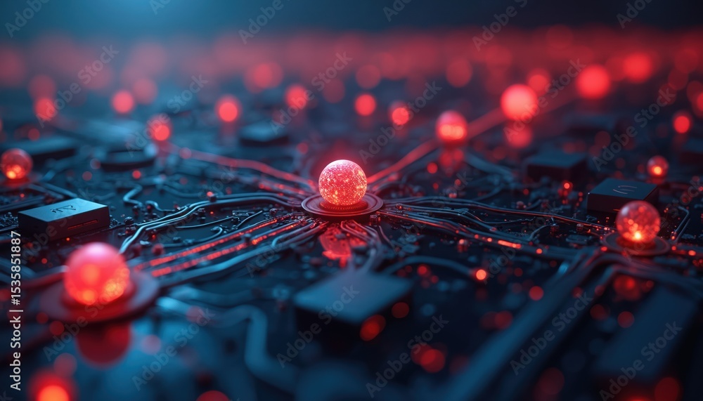 Poster illustration of innovative tech network with glowing spheres. dynamic design concept represents conn