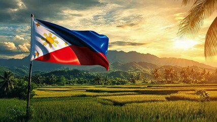 A vibrant Filipino flag made of glossy fabric flutters in the gentle breeze during a beautiful sunset, celebrating sovereignty and freedom.