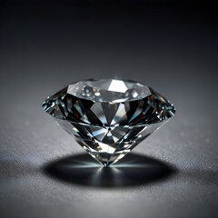 A close-up of a perfectly cut, sparkling diamond with numerous facets, resting on a smooth, dark gray or black surface, with dramatic lighting highlighting its brilliance.
