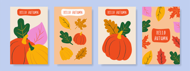 Set of autumn greeting backgrounds, posters, covers with bright leaves. Autumn print, flyer design, template for advertising, social networks.