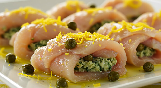Sicilian swordfish rolls. involtini di pesce spada showing layered swordfish slices with breadcrumb filling, caper berries, lemon zest 
