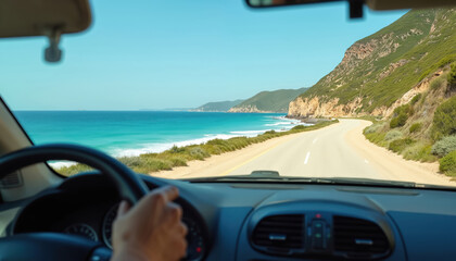 Scenic coastal drive from car. Beautiful beachside road, ocean view, blue sky. Road trip adventure, horizon, vacation. Driver perspective, driving along seaview route on summer day.