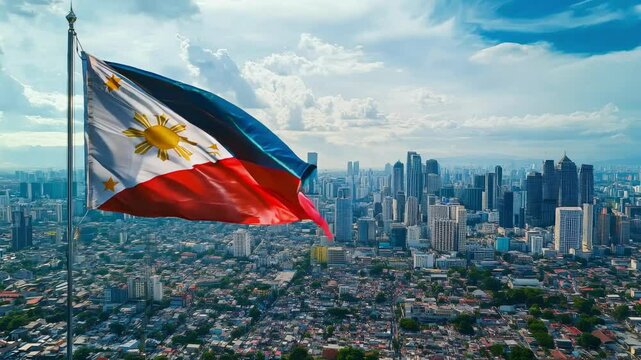 A vibrant Philippine flag flutters in the wind, symbolizing sovereignty on independence day, with a bustling city backdrop.