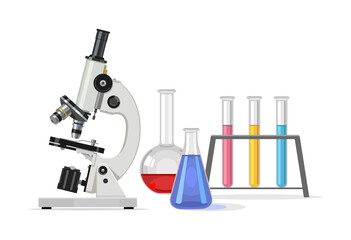 Laboratory microscope with glass test tubes with liquid of different colors. Medical equipment. Flat illustration