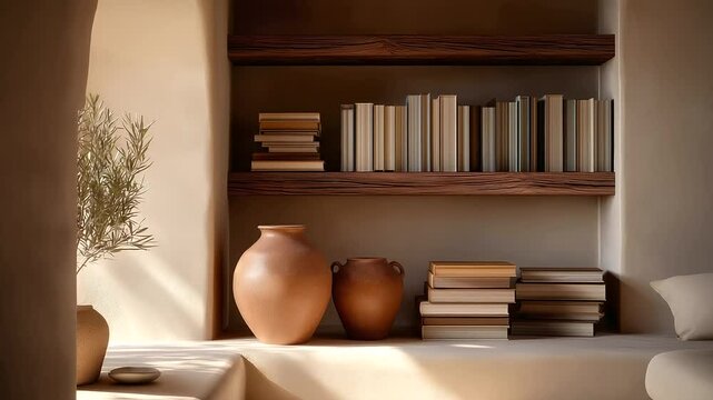 Books stacked beside terracotta pots on a minimalist shelf