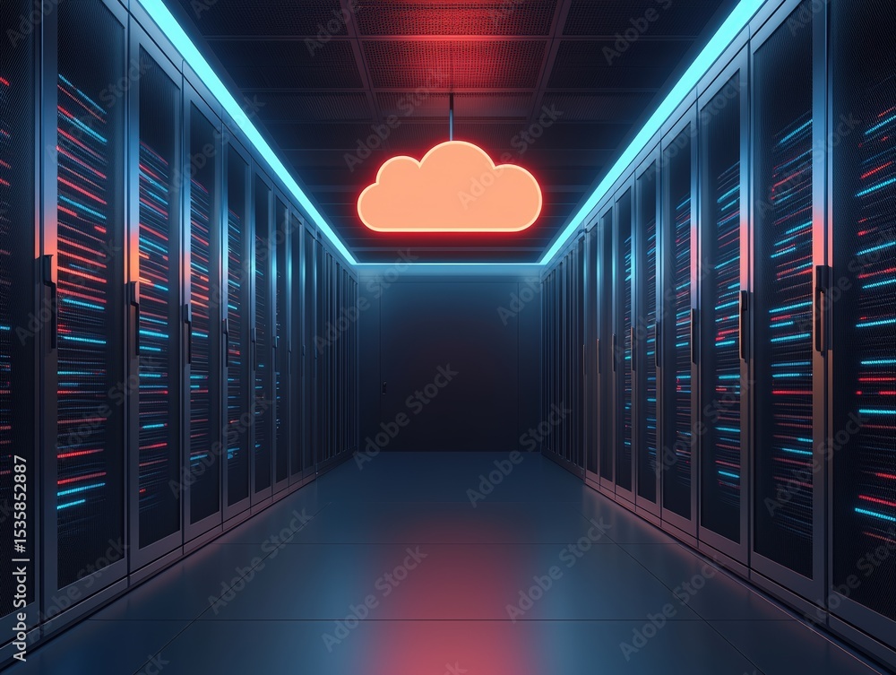 Poster a futuristic data center corridor illuminated by blue and red lights with a glowing cloud icon hangi