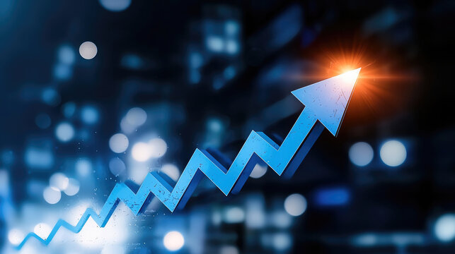 Blue arrow upward trend growth business finance success glowing abstract background night