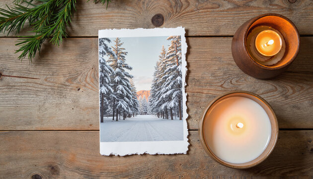 Winter landscape photo with candles on wooden table background - Powered by Adobe