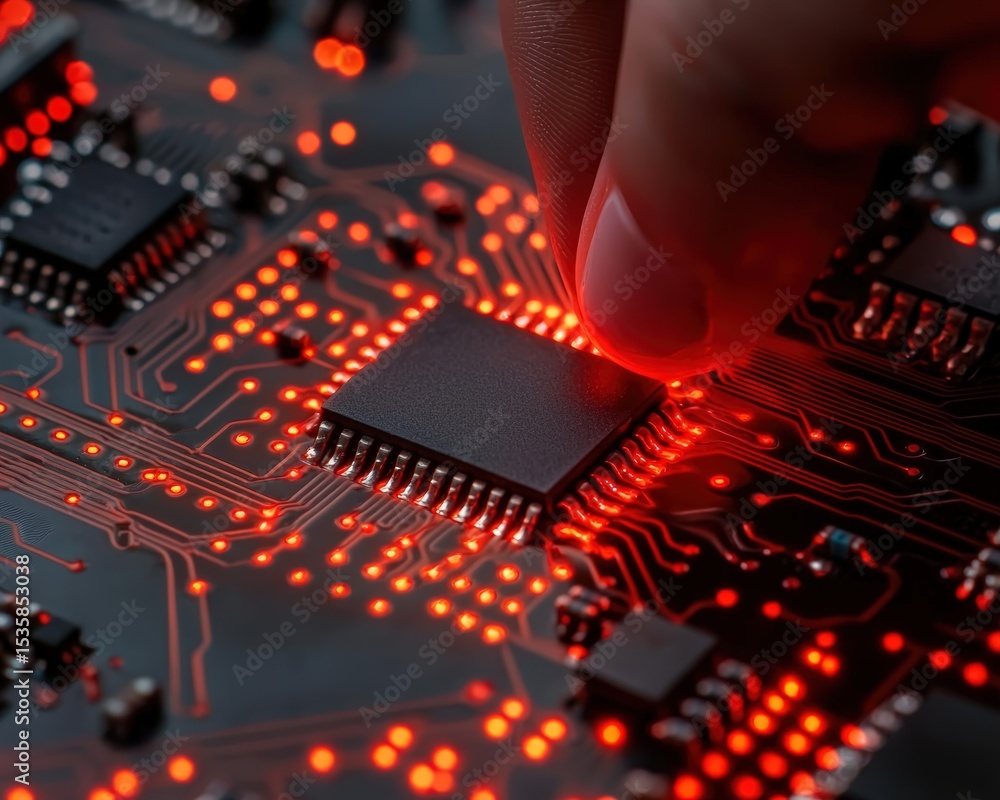 Poster close-up of a hand placing a microchip on a circuit board illuminated with glowing red led lights.