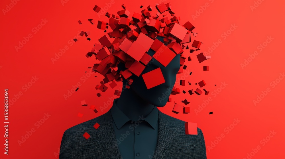 Poster a dark figure in a suit with a fragmented head made of red cubes dispersing against a red background