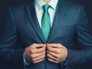Man in a blue suit adjusting his jacket buttons, wearing a white shirt and teal tie, showcasing a professional and polished appearance.