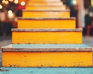 A close-up view of worn, colorful wooden steps painted in yellow and blue, with a rustic texture and a blurred background featuring warm lighting.