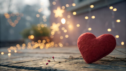 Red heart sits on a wooden surface surrounded by twinkling lights and a sprig of berries