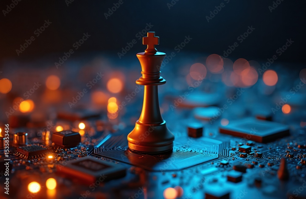 Poster chess king piece on circuit board, illuminated by glowing lights. strategic game concept combines cl