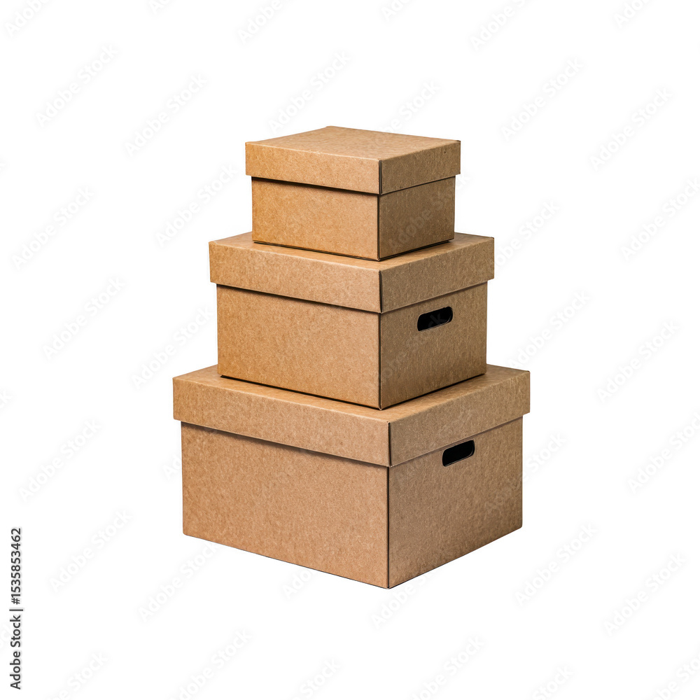Poster three stacked cardboard boxes of varying sizes with lids, featuring simple and practical design, ide