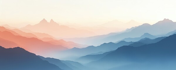 Abstract landscape with flowing, hazy mountains in shades of blue, orange. Peaceful panoramic scenic view creates calming atmosphere. Digital illustration, design evokes tranquil mood, relaxation,