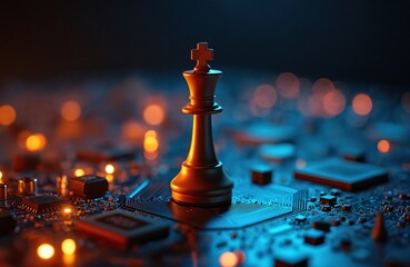 Chess king piece on circuit board, illuminated by glowing lights. Strategic game concept combines classic board game with modern tech, digital world. Innovation, competition, power, future.