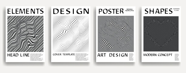 Modern posters . Vector design composition with various geometric shapes . Abstract contemporary art . Vector art ideal for media, ads, covers, brochures, banners. Black and white.