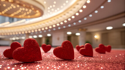 Red glitter hearts are scattered on a shiny surface under soft lighting