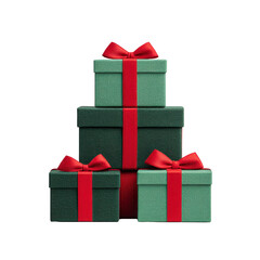 Obraz premium Three green gift boxes with red ribbons are stacked, creating festive and elegant display. boxes vary in size, adding sense of balance and charm, perfect for holiday celebrations