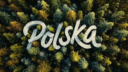 Ogromny, trójwymiarowy napis "Polska" w stylizowanych literach, umieszczony pośród gęstego lasu, widoczny z lotu ptaka. Symbolizuje przyrodę Polski. © Silent26