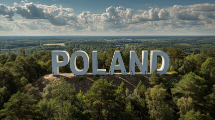 Duży, trójwymiarowy napis "POLAND" wznosi się nad zielonym lasem, z widocznym błękitnym niebem i chmurami w tle, ukazując piękno polskiej natury. © Silent26