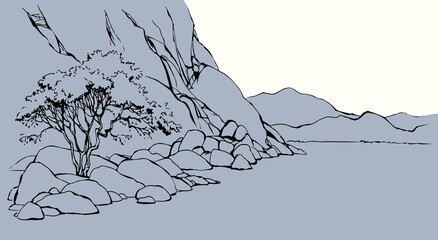 Vector landscape. Tree near a mountains