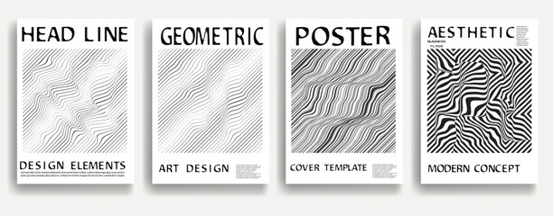 Modern posters . Vector design composition with various geometric shapes . Abstract contemporary art . Vector art ideal for media, ads, covers, brochures, banners. Black and white.