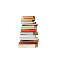 Tall stack of various books with colorful covers and different sizes is arranged vertically, symbolizing knowledge and education. books are isolated on transparency background