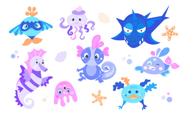Fantastic sea creatures. Inhabitants of the underwater world, fantastic creatures.