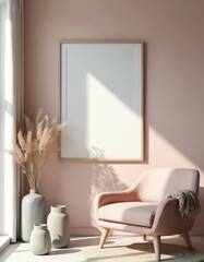 Modern living room with blank poster frame mockup. Interior design with pink wall stylish armchair vases and decorative elements. Scandinavian home decor with sunlight creating shadows.