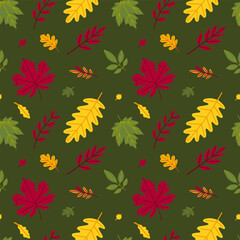 Seamless pattern of autumn leaves from different trees, ash, birch, oak, maple, chestnut. Flat vector style