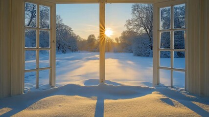 Morning light breaks through open windows, casting golden rays over a blanket of fresh snow. The tranquil view reveals a peaceful winter scene filled with trees and soft sunlight.