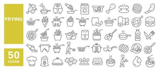 Set of 50 line icons related to frying, air fryer, french fries, frying pan, fried food, fried chicken, Editable stroke. Vector illustration