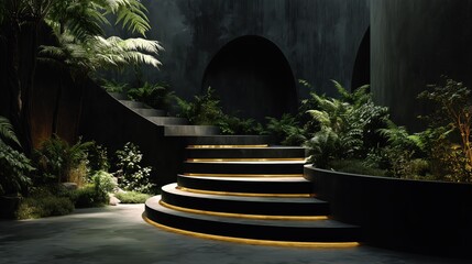 Modern Staircase, Elegant Lighting, Greenery Decor