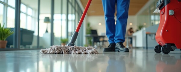 Man cleans office floor with mop and red cleaning cart. Cleaning service worker in blue uniform. Pro cleaning service. Housework, cleanliness, hygiene concept.