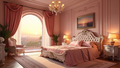 Luxurious bedroom interior design with elegant furniture, soft pink color scheme, sunrise light through window. Romantic cozy scene with bed, curtains, chandelier, soft lighting, view of cityscape.