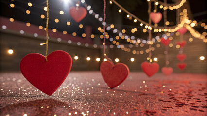 Red hearts hang from string lights creating a romantic valentines day scene