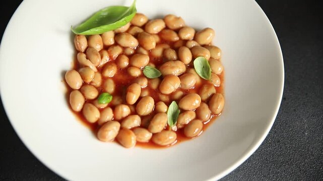 Bean stew tomato sauce cranberry beans vegetable dish beans borlotti fresh delicious gourmet food background on the table rustic food top view copy space keto and paleo diet vegan and vegan food