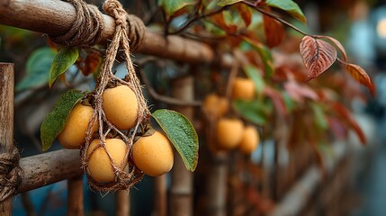 Yellow persimmons in a woven net, suspended from a hemp rope tied to a bamboo rope stand, autumn leaves softly blurred