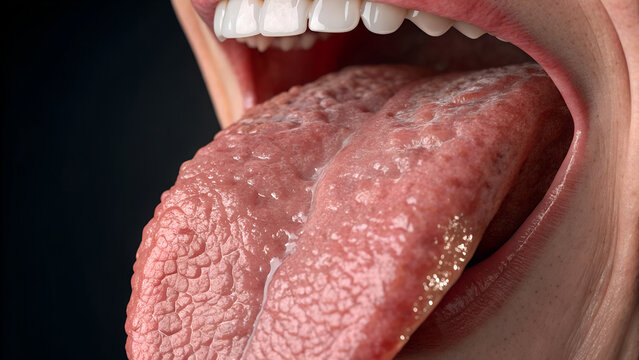 Close up of a human tongue showing papillae and teeth inside an open mouth