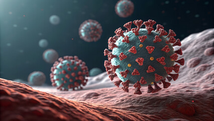 Coronavirus virions on a surface with spikes and membrane shown in detail