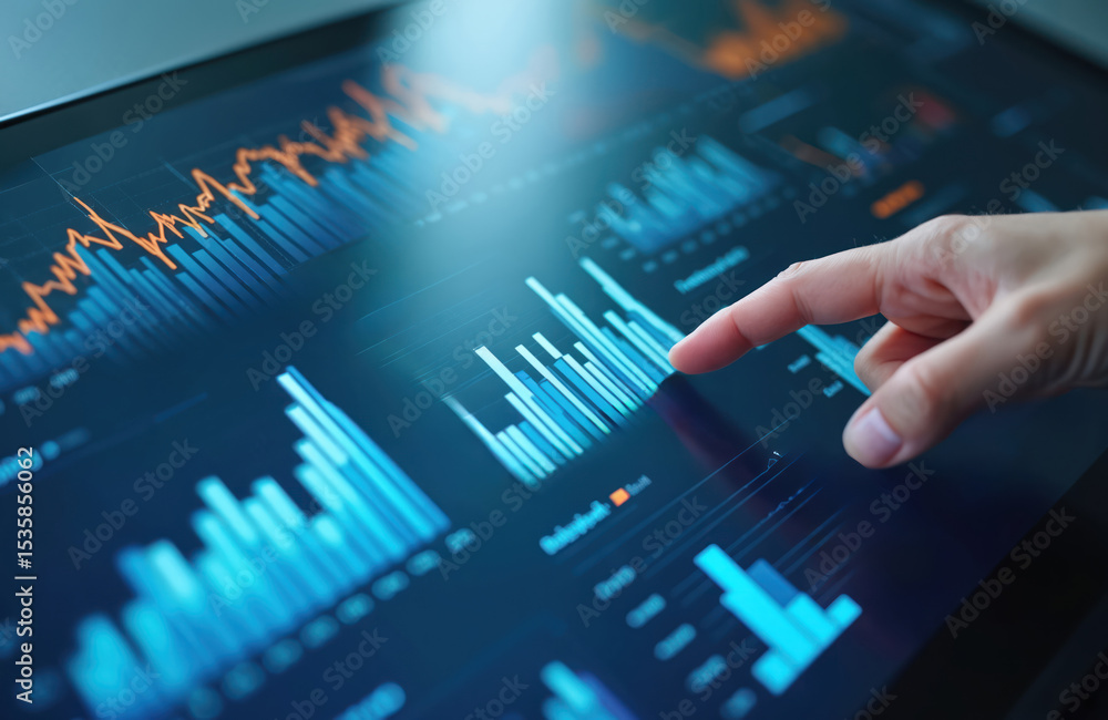 Aufkleber Analyst touch digital KPI graph on dashboard screen. Marketing analytics, business data visualization, online reports. Success business strategy, financial growth, client statistics. Modern digital