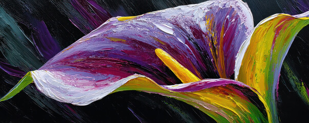 Colorful Calla Lily Abstract Painting, Vibrant Textured Floral Artwork on Dark Background, Elegant Purple Calla Flower