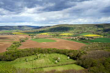 Fototapeta premium Rural Hungarian Spring Bliss: Agricultural Fields, Easter Village Scene, Family Homes, Vineyards, Blooming Forest Backdrop