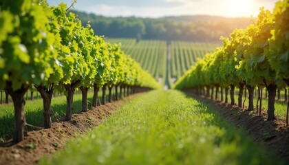 Naklejka premium Rows of vibrant grapevines flourish in lush vineyard during sunny spring season. Green foliage with rows of trunks. Agricultural scenery represents organic farming viticulture growth.