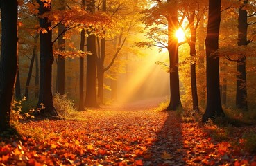 Fototapeta premium Sunlight bathes forest, vibrant fall colors. Golden autumn leaves blanket forest floor creating scenic view. Pathway leads, creating inviting mood. Forest trees, scenic background, October.