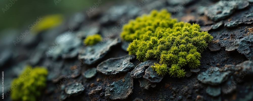 Aufkleber close-up of textured pine bark with green lichen moss. organic natural surface detail with pattern. 