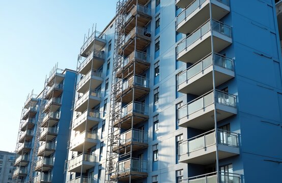 High-rise residential building facade. Construction scaffolding, workers replace cladding with fire-resistant materials. Renovation of flats for safety, updated fire regulations compliance. New